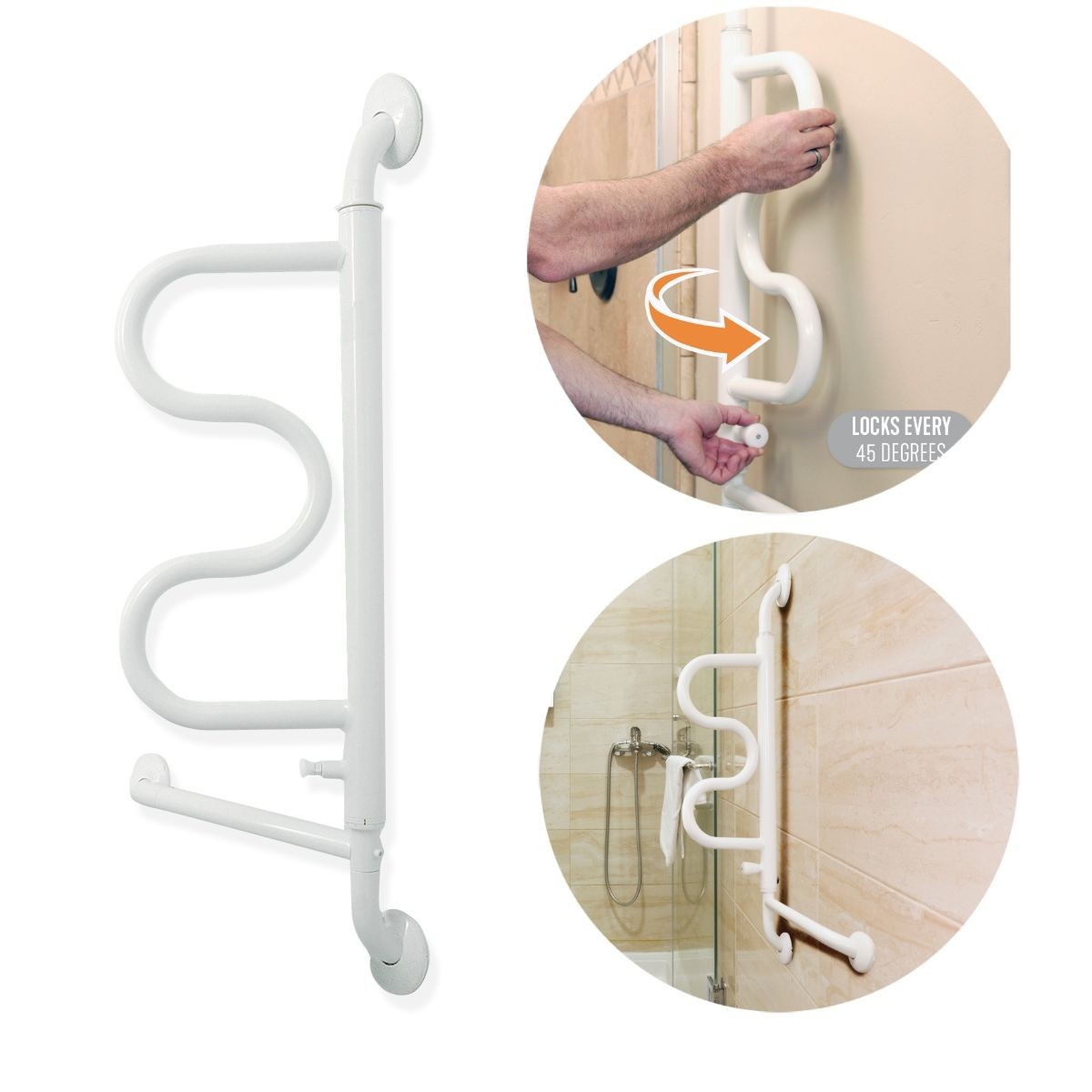 White L-shaped grab bar with locking mechanism shown installed in a bathroom.