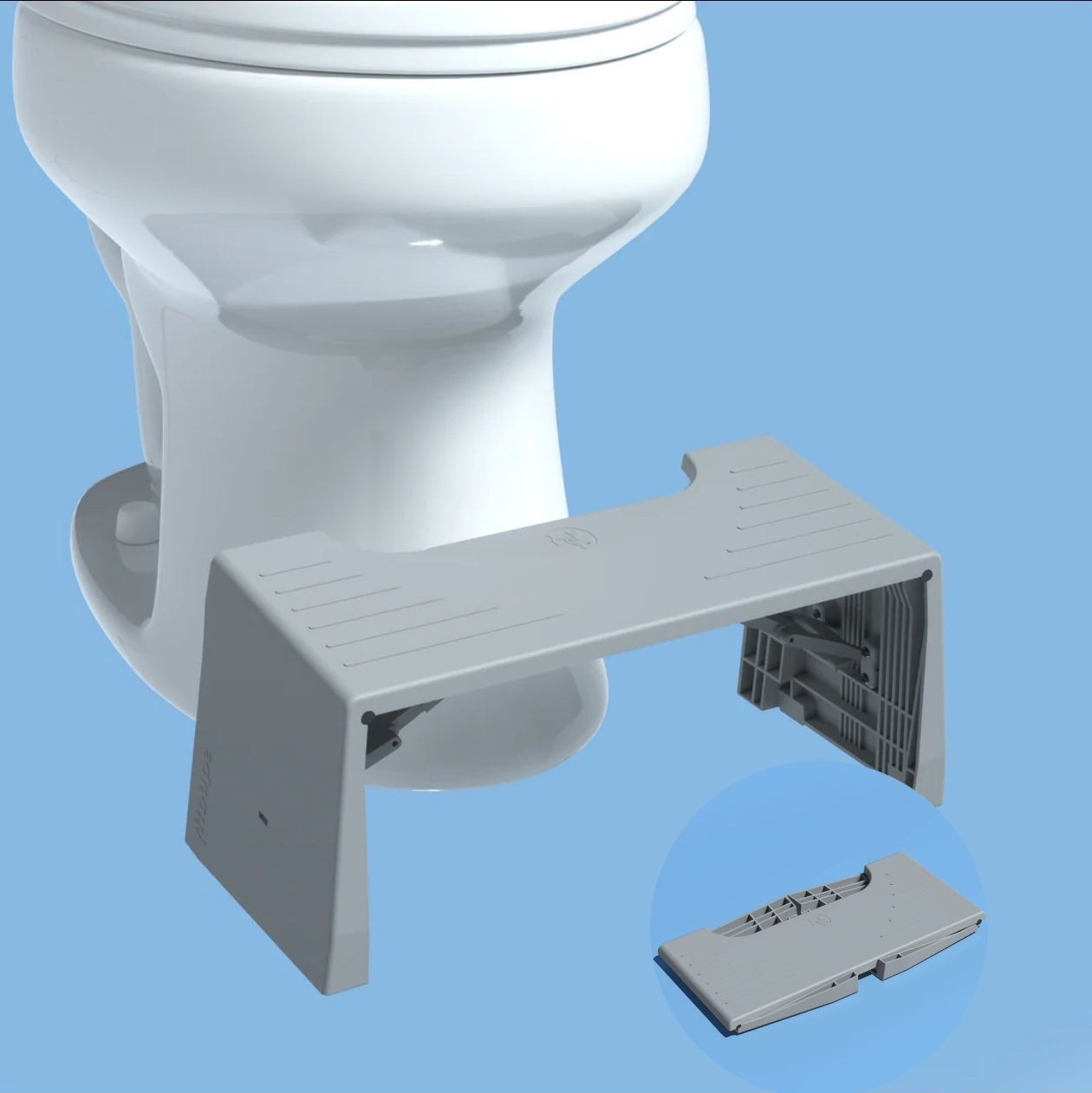 White toilet with gray folding footstool for bathroom use on a blue background.